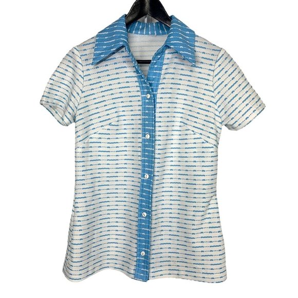 Vintage 60s Button Up Textured Short Sleeve Casual Top Large - Picture 1 of 7